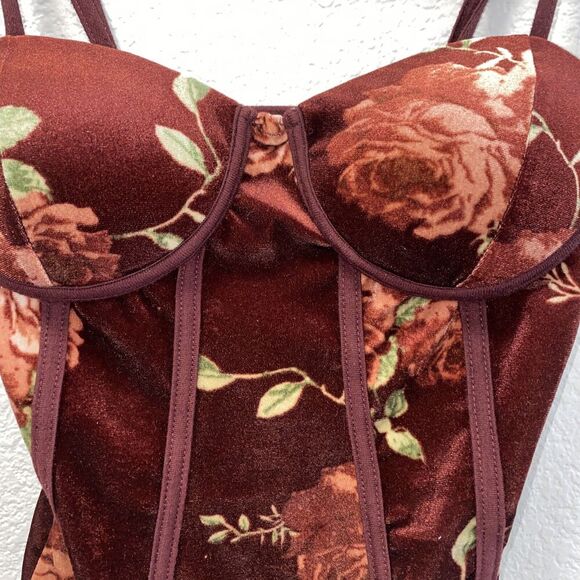 Willow Velvet Floral Maroon Burgundy Padded Cups Bodysuit XS - Picture 2 of 6